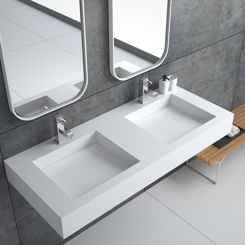 Double sink design solid surface wall hung mounted bathroom wash basin BS-8423