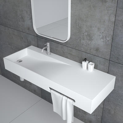 Rectangular shaped wall hung mounted wash basin with towel shelf  solid surface resin stone bathroom sink BS-8404