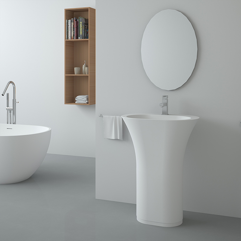 Flat shaped black color freestanding wash basin pedestal solid surface stone bathroom sink BS-8502