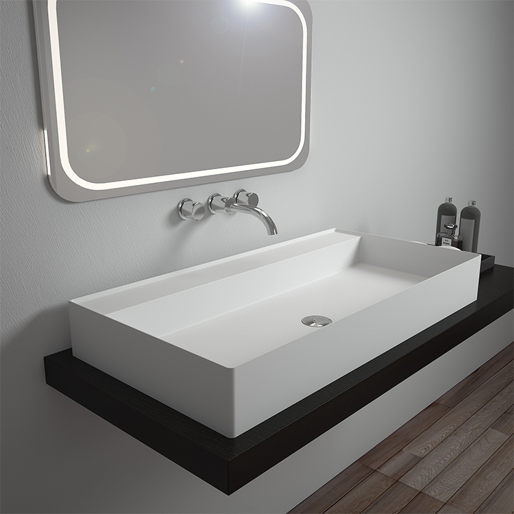 Rectangular wall hung mounted cabinet bathroom solid surface stone sink BS-8353