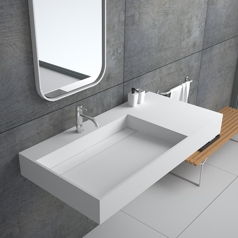 Rectangular design one body style solid surface stone wall hung mounted floating bathroom sink BS-8405