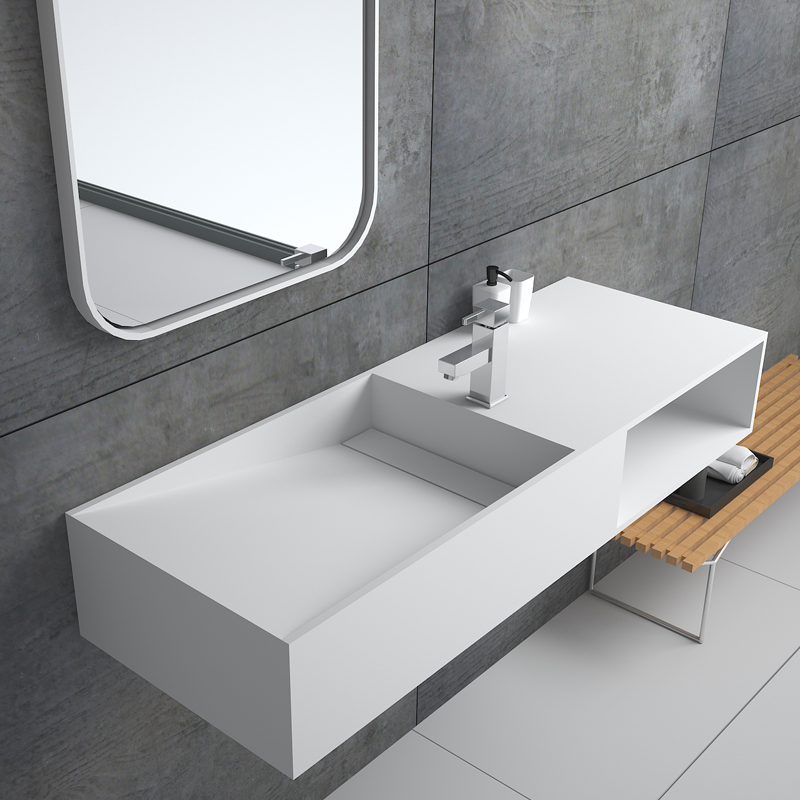 Custom style Floating bathroom wall hung mounted cabinet stone resin basin solid surface sink BS-8411